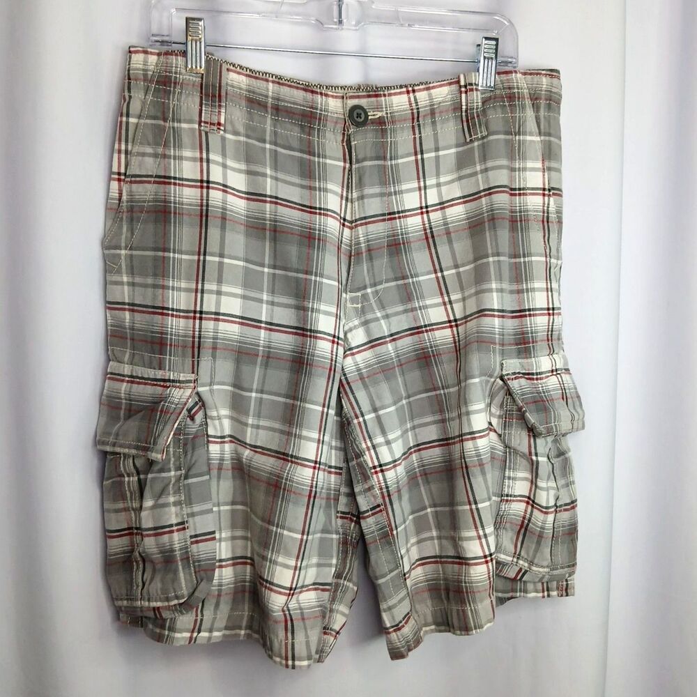 Aeropostale Plaid Cargo Shorts Pockets Long Cotton Gray Red Drawstring Mens 31